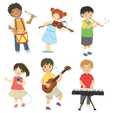 Erkekler ve kızlar müzik enstrümanları vektör koleksiyonu oynuyorlar. Müzik vektörü seti oynayan çocuklar