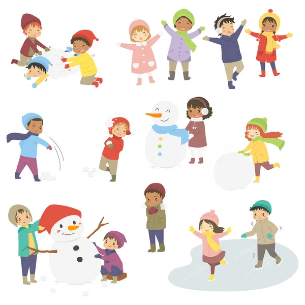 一套快乐的孩子在寒假 孩子们在雪地里玩耍 在寒假造雪人 漫画书 — 图库矢量图片