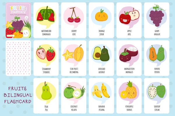 Flashcard Frutas Bilíngue Inglês Indonésio Língua Modelo Vetor Flashcard Design — Vetor de Stock