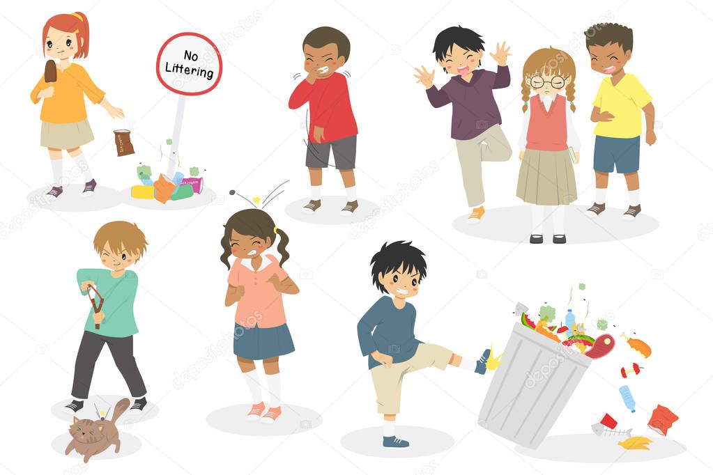 naughty kids doing bad things. vector set of kids with bad attitude
