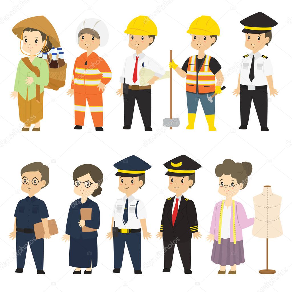 Set of different professions characters cartoon vector in flat style : herbal medicine seller, firefighter, architect, builder, train driver, teacher, security guard, pilot, tailor