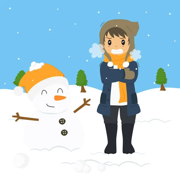 Freezing Shivering Young Boy Winter Cold Standing Snowman Cartoon Vector — Stock Vector