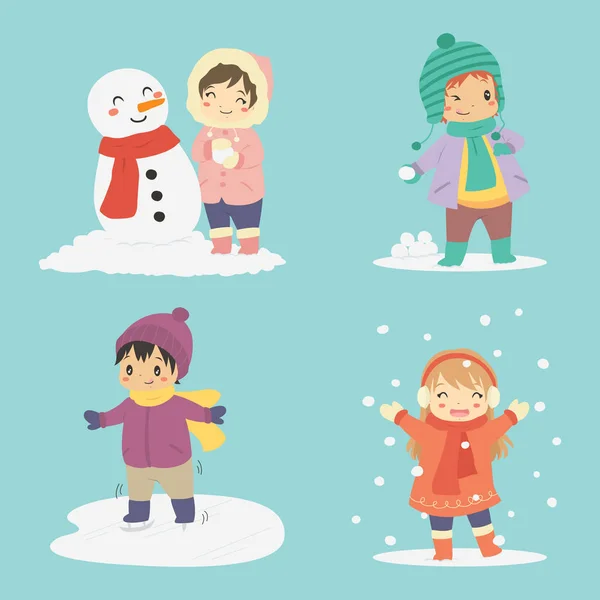 冬休みに幸せな子供たちのセット 雪の中で遊んでいる幸せな子供たち 子供冬休みベクトルセット — ストックベクタ