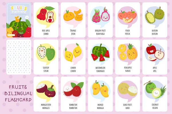 Flashcards Frutas Tropicais Bonitos Bilíngue Inglês Indonésio Linguagem Flashcards Modelo — Vetor de Stock