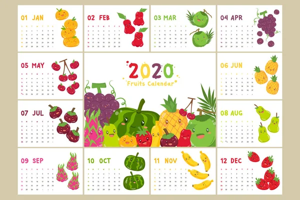 Calendário 2020 Calendário Mensal Com Conjunto Frutas Tropicais Modelo Calendário — Vetor de Stock