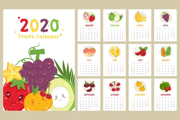 Calendário 2020 Calendário Parede Mensal Com Conjunto Frutas Tropicais Modelo — Vetor de Stock