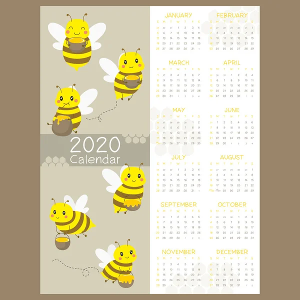 Calendario 2020 Una Página Meses Calendario Con Abeja Voladora Lindo — Vector de stock