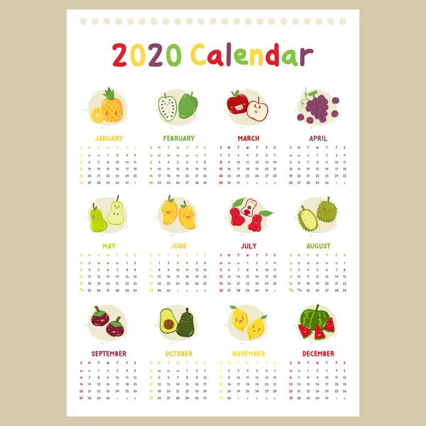 Calendário 2020 Uma Página Meses Calendário Parede Com Conjunto Frutas — Vetor de Stock