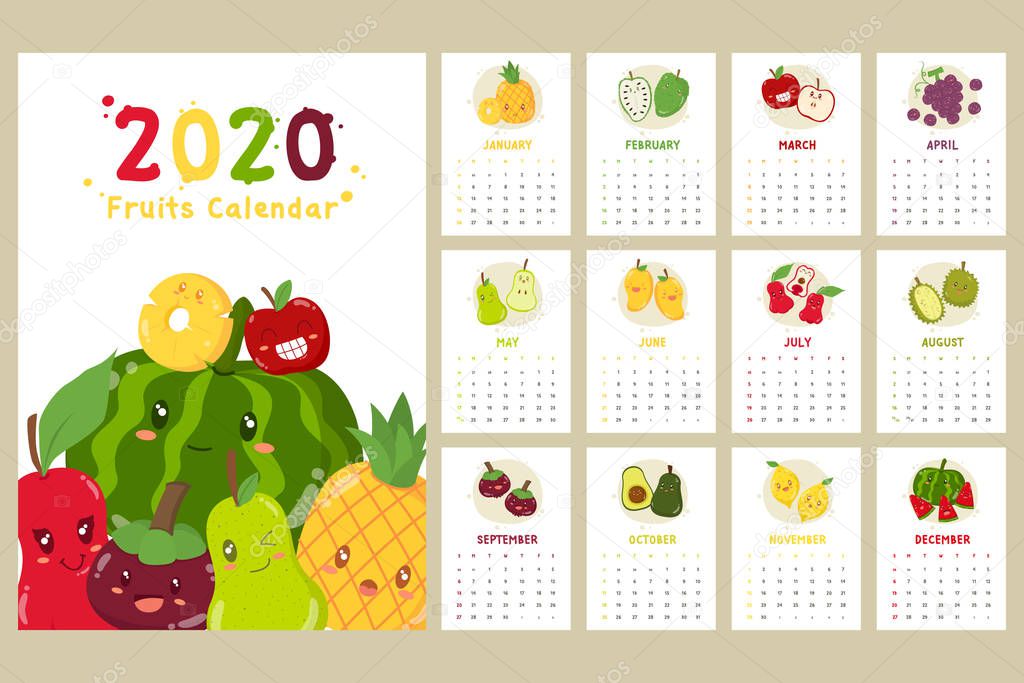 Calendar 2020. Monthly wall hanging calendar with set of tropical fruits. Printable fruit calendar template, vector design. New year calendar set.