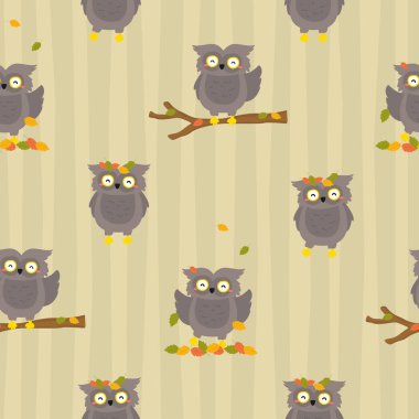 Baykuş desensiz vektör tasarımı. Komik ifadeleri olan tatlı gri sonbahar baykuşu. Çocuklar için hayvan vektör arkaplan şablonu.