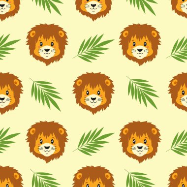 Aslan başlı, kusursuz model vektör tasarımı. Sarı arka planda izole edilmiş gülümseyen aslan ve yaprak deseni. Çocuklar için hayvan vektör arkaplan şablonu.