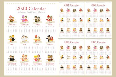 Takvim 2020 'den 2023 vektör kümesine. Endonezyalı çocuklarla geleneksel giysiler içinde bir sayfa 12 aylık duvar asma takvimi. Yazdırılabilir takvim şablonu, vektör tasarımı.
