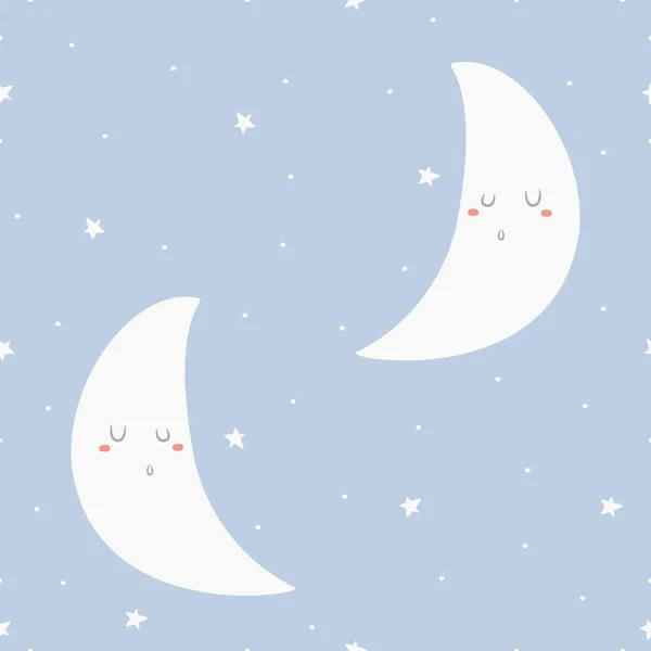 スリーピングムーンシームレスパターンベクトルデザイン 星空の下で三日月を眠る子供のためのパターン — ストックベクタ