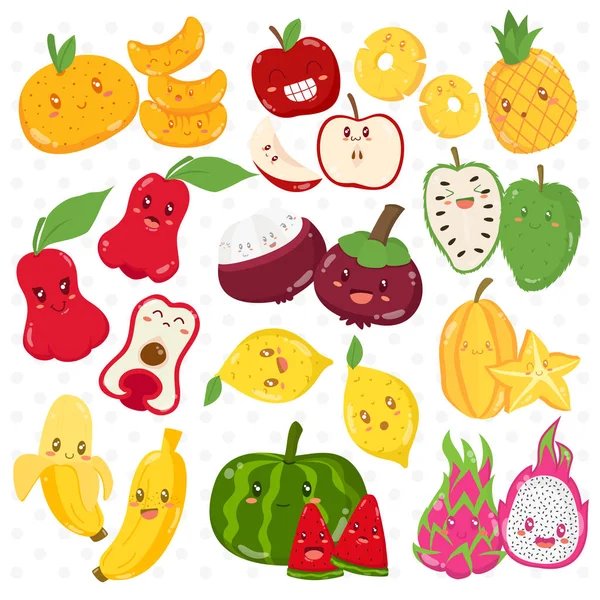 Set Cute Tropical Fruits Different Expressions Cartoon Vector — Stock Vector