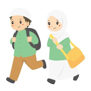 İki heyecanlı Müslüman öğrenci okula koşuyor, karakter vektörü. Müslüman öğrenciler okul üniforması giyip çanta taşıyorlar..