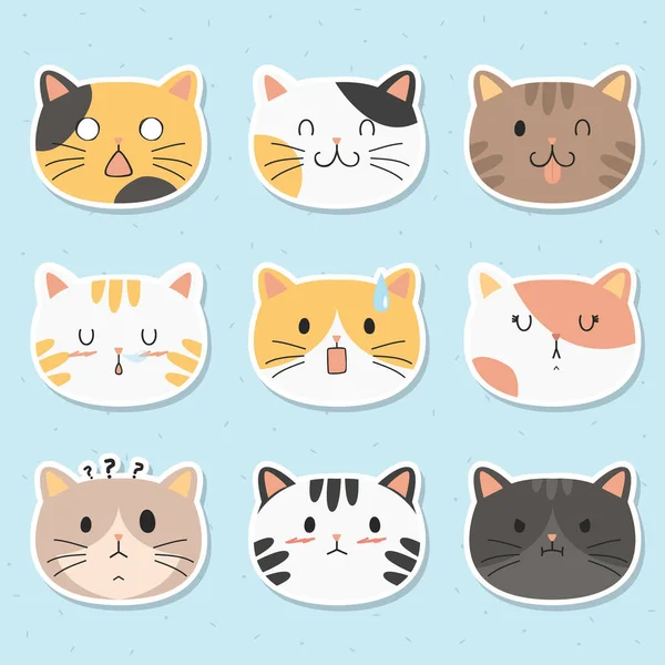 Bonito Gatos Rosto Adesivos Pack Gatos Bonitos Com Emoções Diferentes — Vetor de Stock