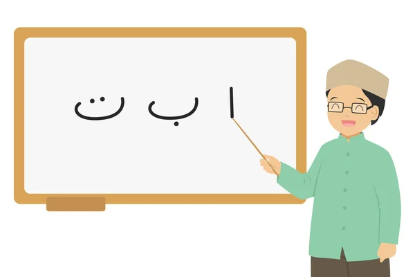 Guru Muslim Laki Laki Menunjuk Karakter Alfabet Hijaiyah Atau Huruf - Stok Vektor