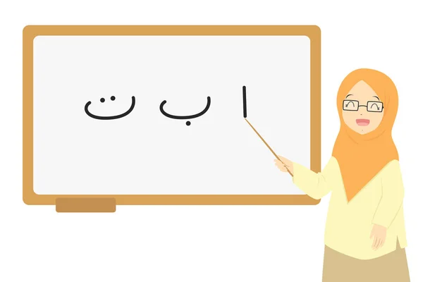 Female Muslim teacher pointing to Hijaiyah alphabet character or Arabic letters on a whiteboard