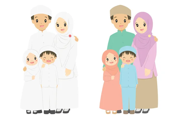 Portrait Famille Musulman Robe Blanche Robe Colorée Illustration Vectorielle — Image vectorielle