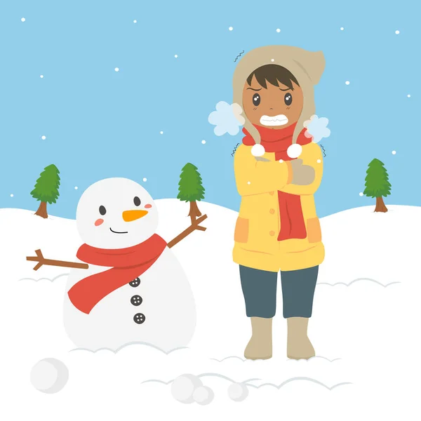 冬天寒冷的时候 小男孩冻得浑身哆嗦 站在一个披着红围巾的雪人旁边 卡通矢量图解 — 图库矢量图片