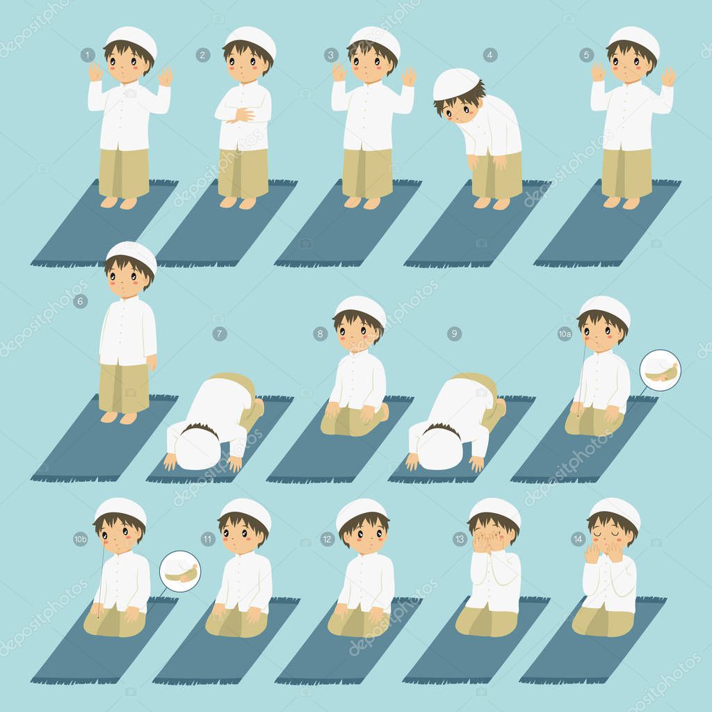 Muslim boy perform prayer or salat steps. Islamic prayer or salat guide for children vector collection