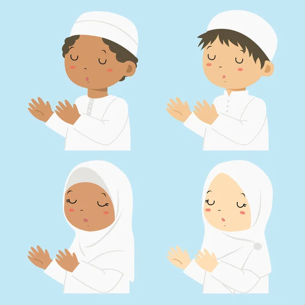 Crianças Muçulmanas Rezando Conjunto Vetorial Desenhos Animados Meio Corpo Meninos —  Vetores de Stock