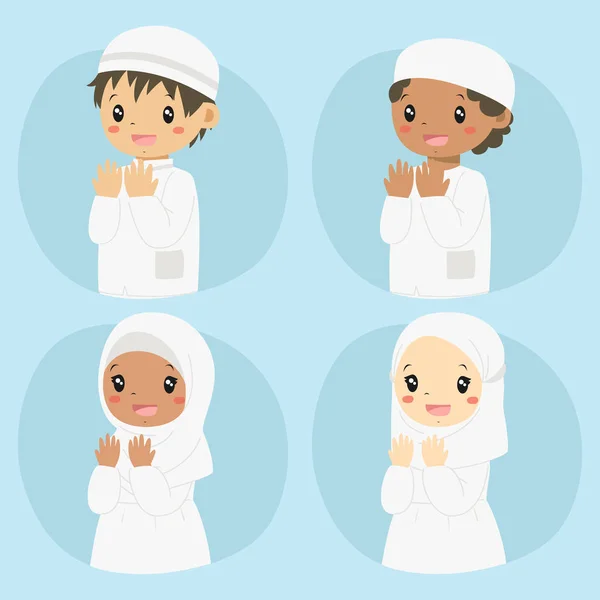 Happy Muslim Kids Praying Cartoon Vector Set Half Body Muslim — Stock Vector