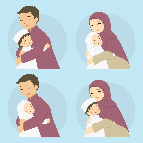 Ebeveynler oğullarına ve kızlarına sarılıyorlar. Mutlu Müslüman aile vektörü belirlendi