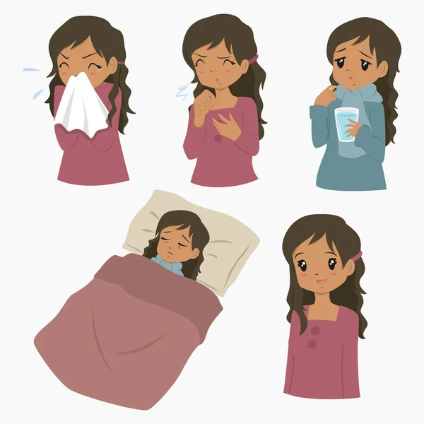African American woman with flu sickness, cartoon character. Flu season  vector set - Stock Image - Everypixel
