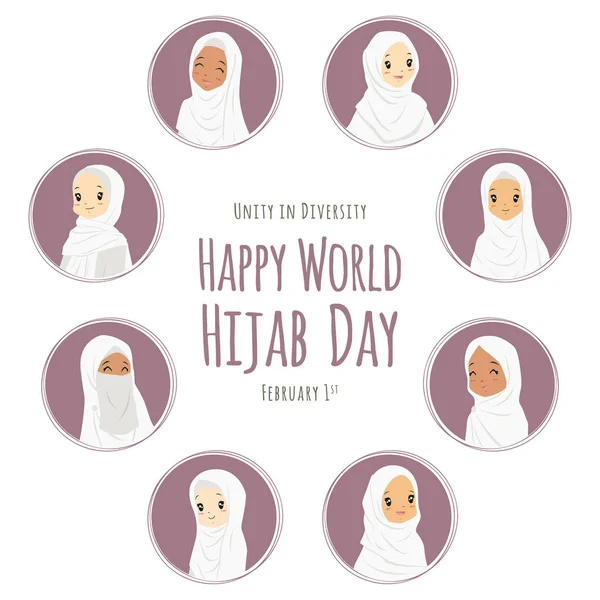 Gelukkige Wereld Hijab Dag Groep Moslimvrouwen Met Wit Gekleurde Hijab — Stockvector