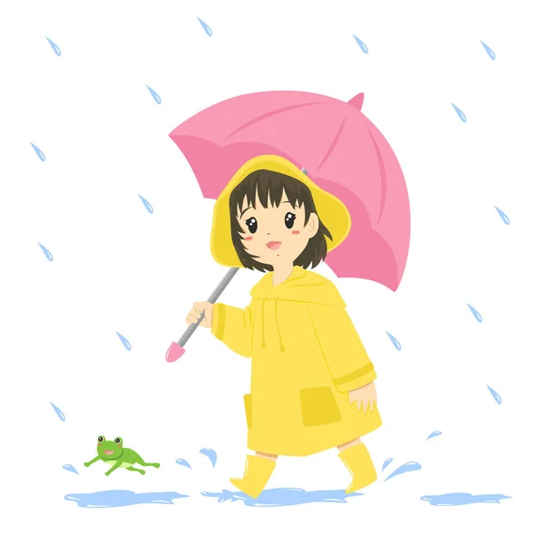 Милая Маленькая Девочка Желтом Плаще Розовым Зонтиком Дождем Прыгающей Лягушкой — стоковый вектор