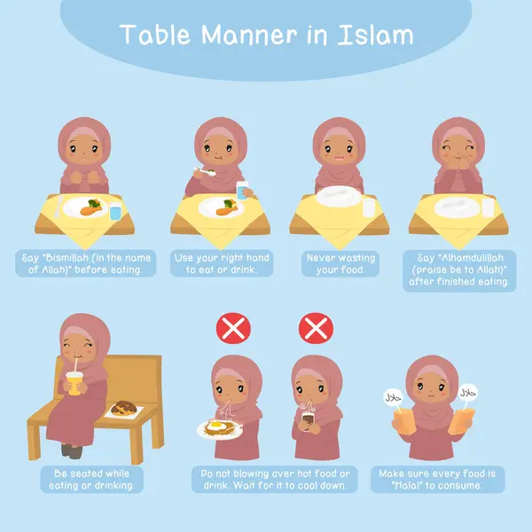 Tafelmanier Islam Voor Kinderen Moslim Afro Amerikaans Meisje Dat Islamitische Stockillustratie