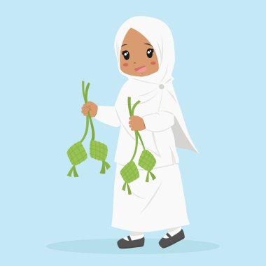 Beyaz elbiseli ve tesettürlü mutlu bir Afrikalı kız elinde ketupla Ramazan ayını kutluyor..