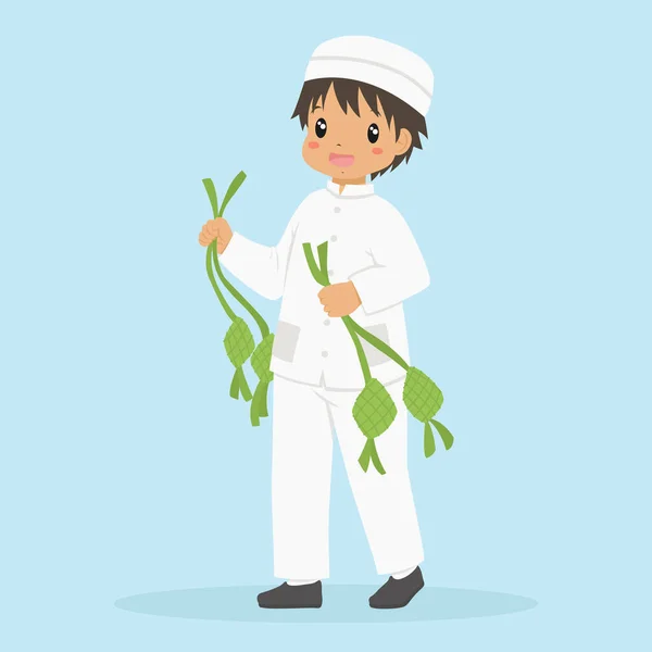 Ευτυχισμένο Μουσουλμάνο Αγόρι Λευκά Ρούχα Και Καπέλο Κρατώντας Ketupat Και — Διανυσματικό Αρχείο