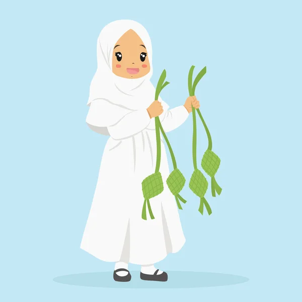 Ευτυχισμένο Μουσουλμάνο Κορίτσι Λευκό Φόρεμα Και Χιτζάμπ Κρατώντας Ketupat Και — Διανυσματικό Αρχείο