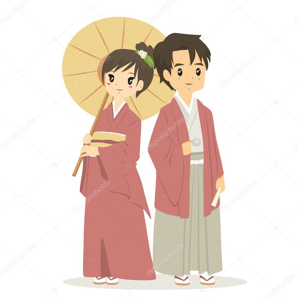 Japanese couple in traditional Kimono dress, cartoon vector. The woman holding an umbrella and the man holding a folding fan.