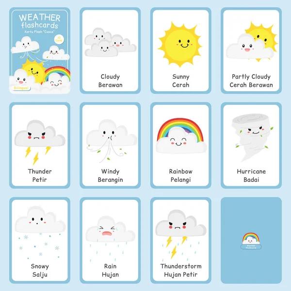 Cute Weather Bilingual Flashcard Vector Set Printable Weather Flashcard Kids — Stock Vector