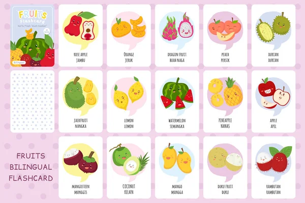 Cute Tropical Fruits Flashcards Bilingual Russian Indonesian Language Flashcards Vector — стоковый вектор