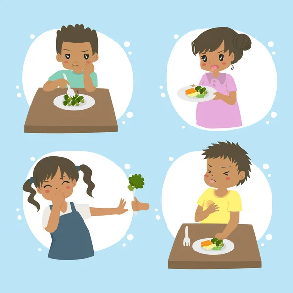 Gruppo Bambini Afroamericani Rifiuta Mangiare Verdure Bambini Odiano Verdure Set — Vettoriale Stock