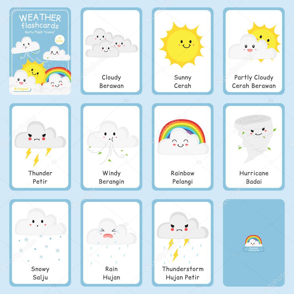 Cute weather bilingual flashcard vector set. Printable weather flashcard for kids. English Indonesian language.