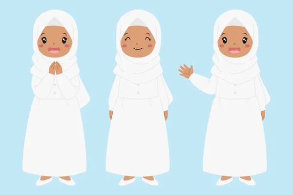 Heureuse Fille Afro Américaine Musulmane Robe Blanche Hijab Souriante Agitant — Image vectorielle