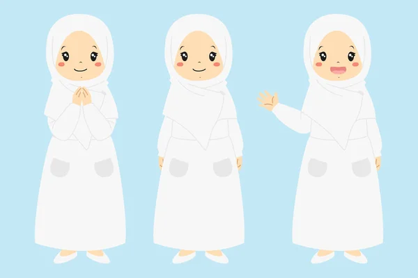 Happy Muslim Gadis Berpakaian Putih Dan Hijab Tersenyum Dan Melambaikan - Stok Vektor