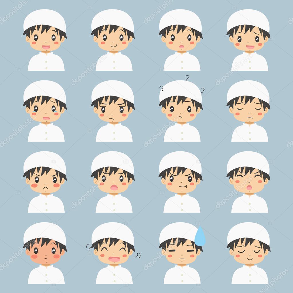 Cute half body Muslim boy with different emotions. Muslim kids face expressions vector set.