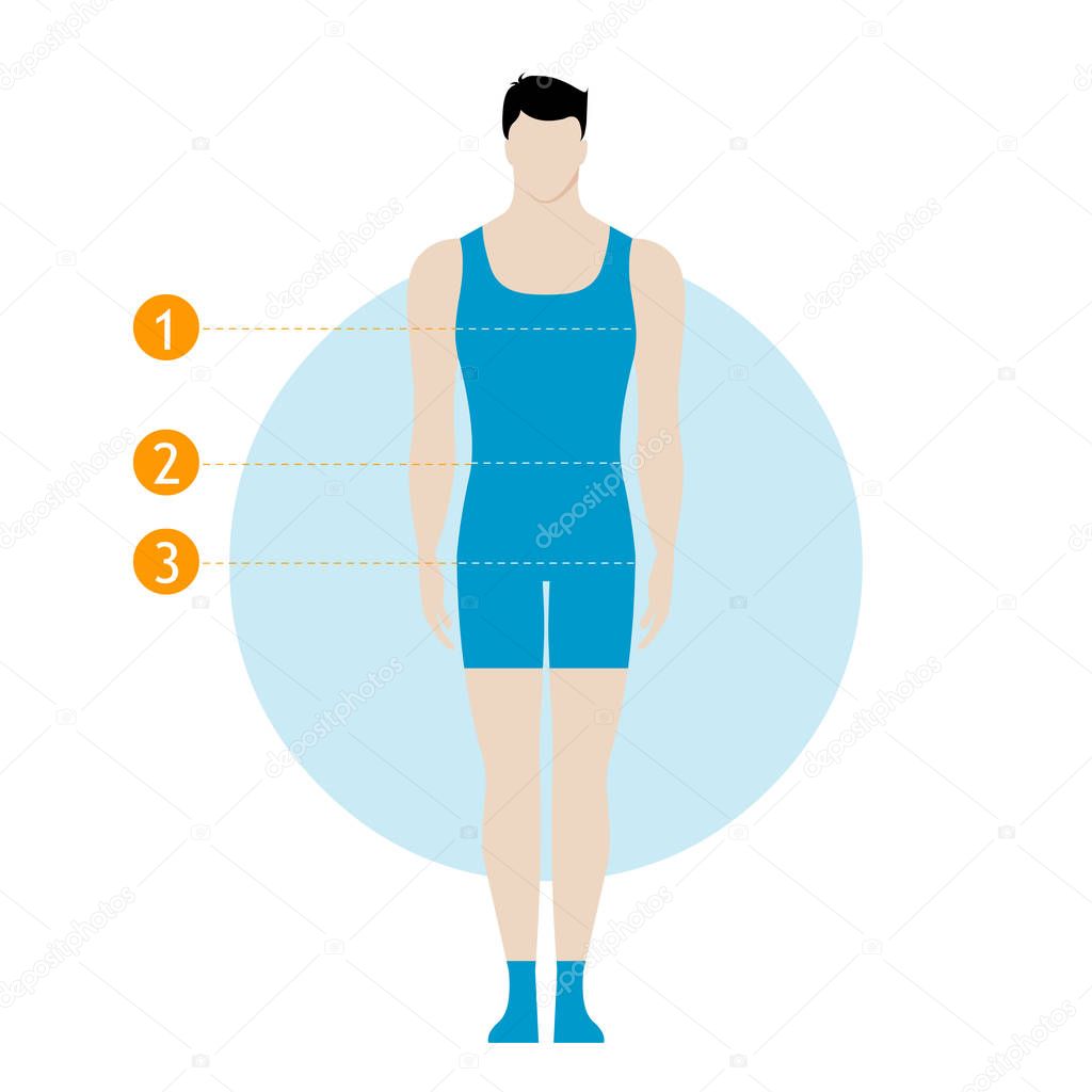 Male body measurement chart. Figure of the guy, model in underwear, swimwear. Template for sewing, fitness, work out, healthy lifestyle or shop.Scheme for measurement human body for sewing clothes. 