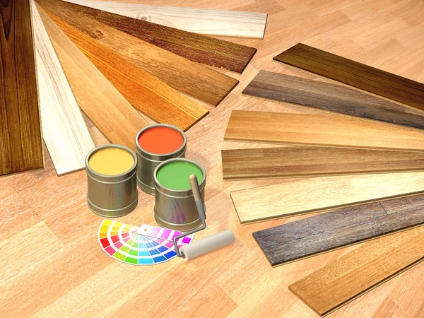 New oak parquet and paints — Stock Photo, Image