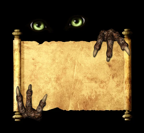 Paws of a monster holding a vintage scroll — Stock Photo, Image