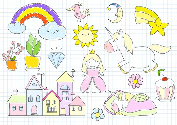 Vector sketches with princess and unicorn — Stock Vector