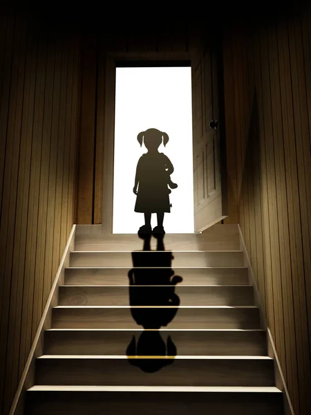 Karanlık bodrumdan do açmak için önde gelen adımlar üzerinde küçük kız — Stok fotoğraf