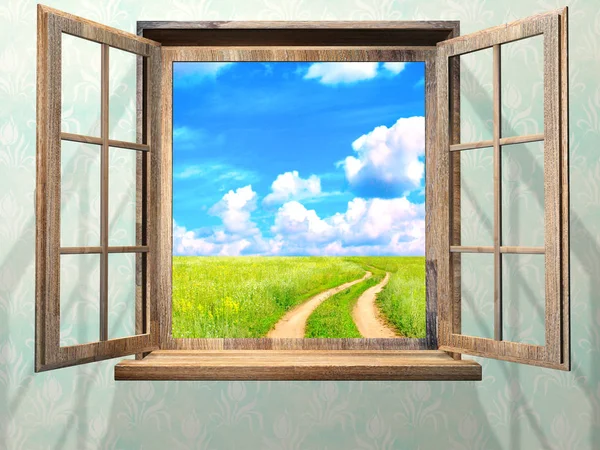 Открыть окно с видом на зеленое поле — стоковое фото