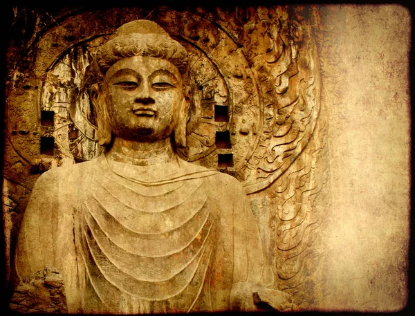 Eski kağıt doku ve Buda'nın heykeli Grunge arka plan — Stok fotoğraf